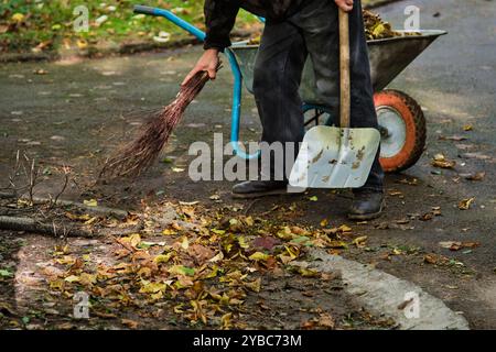 Faceless person sweeping autumn leaves off the ground using a handmade broom and shovel. A wheelbarrow sits nearby on a paved path. Stock Photo