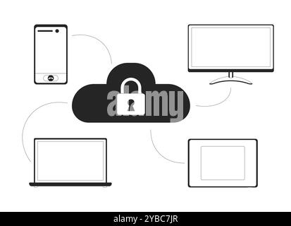 Connecting IoT devices to cloud black and white 2D line object Stock Vector