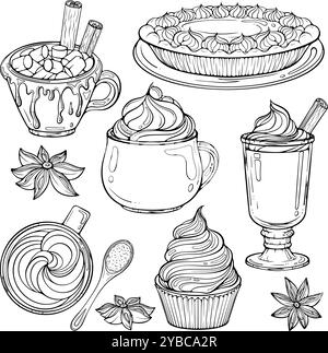 Set of desserts with whipped cream line art Stock Vector