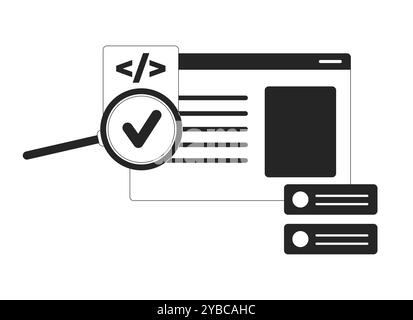 Assessing programming code with loupe black and white 2D line object Stock Vector