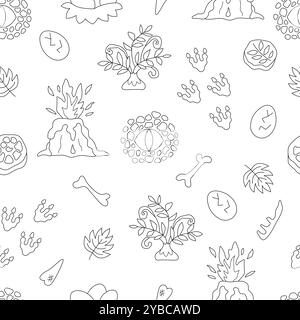 Vector black and white dinosaur seamless pattern. Line prehistoric animal symbols repeat background. Dino digital paper or coloring page with volcano, Stock Vector