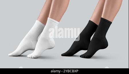 Mockup of black, white long socks with elastic band on woman with stretched feet, side view, isolated on background with shadows. High gaiters templat Stock Photo