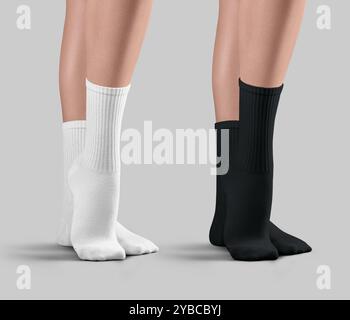 Template of white, black high socks with elastic band on female legs, one foot stretched, front view, isolated on background. Mockup of sportswear for Stock Photo