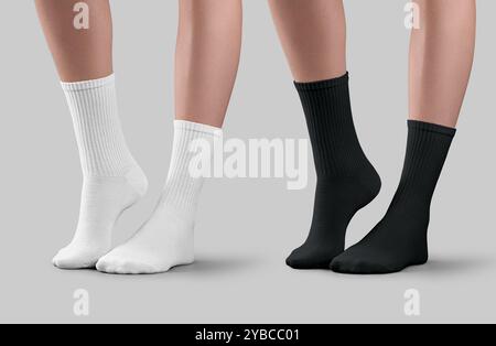 Mockup of black, white long socks with elastic band on woman, one foot stretched, side view, isolated on background. High gaiters template for design, Stock Photo