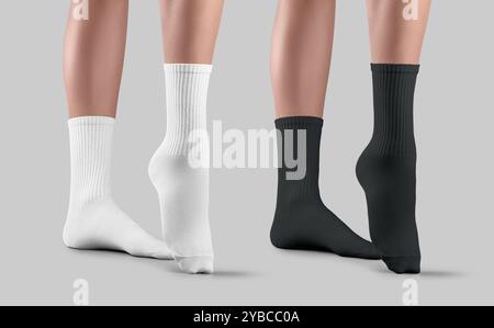 Template of white, black high gaiters with elastic band, socks on women's feet, one foot stretched, side view, for design, branding. Mockup of sportsw Stock Photo