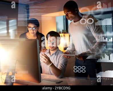 Programmer, working and dashboard overlay at night in office and database developer team with software development. Planning, conversation and web Stock Photo