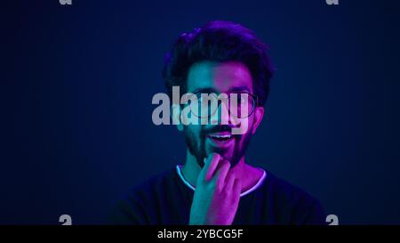 Infographic hologram editing template ultraviolet background Arabian man hi-tech internet technology worker thinking coder programmer coding touch air Stock Photo