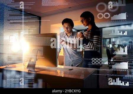 Programmer, office and dashboard overlay at night with staff and database developer team with software development. Planning, conversation and web Stock Photo