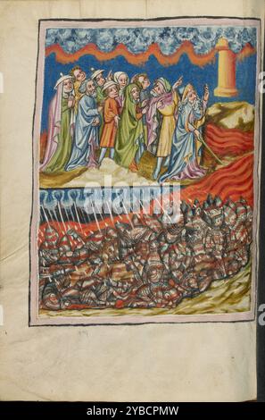 The Crossing of the Red Sea; The Egyptians Engulfed; Weltchronik, about 1400-1410. Stock Photo