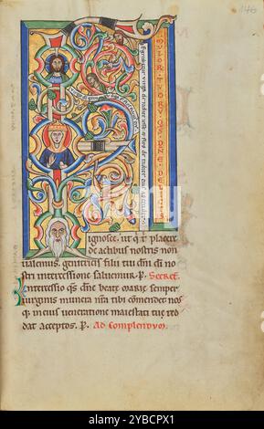 Initial F: The Tree of Jesse; Stammheim Missal, probably 1170s.  Additional Info:Incorporated into the shape of the initial F is the Tree of Jesse. This diagrammatic representation shows Jesus' supposed descent from King David's father Jesse through the Virgin Mary. The genealogy derives from a passage in Isaiah that describes a flower that will sprout from the "root of Jesse." The passage is inscribed on the vertical scroll held by the bearded man at the top right. The initial opens the prayers for the Feast of the Assumption of the Virgin. It appears across the double-page spread f Stock Photo