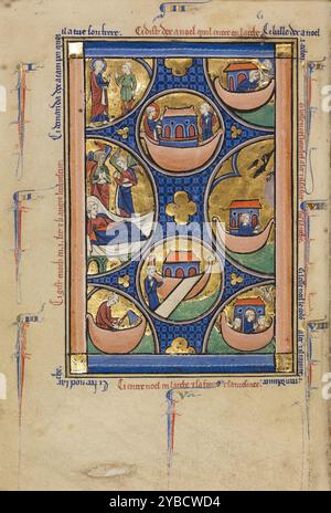 Scenes from the Life of Noah; Wenceslaus Psalter, about 1250-1260.  Additional Info:The well-known story of Noah and his ark dominates the series of scenes shown on this page. On the left side, angels come to Noah while he is asleep to tell him to build the ark, and below, Noah begins the work. In the two large central circles, Noah finishes the ark and a ramp is laid down to allow the animals to board. The three scenes on the right show Noah sending out a bird repeatedly to see if it can find land as the Great Flood subsides. The blue, pink, and gold colors in the rectangular frame also domin Stock Photo
