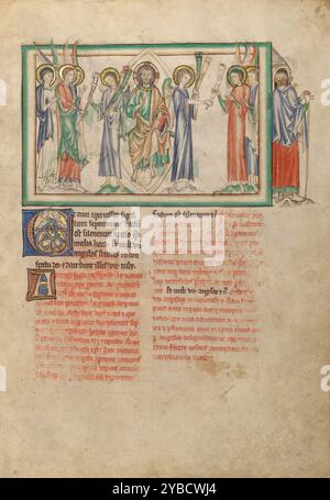The Opening of the Seventh Seal: The Distribution of Trumpets; Dyson Perrins Apocalypse, about 1255-1260.  Additional Info:The opening of the seventh and final seal does not herald the end of humanity's sufferings. Instead, two angels distribute seven trumpets to seven angels. The blowing of the trumpets will bring more sorrow to those left on earth. In the miniature, the Lord sits within a mandorla on the arc of heaven poised above an orb representing the world. He blesses with his right hand while he holds a book in his left. The illuminator shows Saint John from the back, witnessing the eve Stock Photo