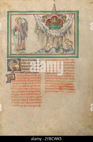 The Temple of God with the Tabernacle in the Sky; Dyson Perrins Apocalypse, about 1255-1260.  Additional Info:The illuminator represented the voices as emanating from grotesque featured heads looking down from the edge of the clouds. The roiling earth below suggests the earthquakes that simultaneously strike when Saint John, shielding his eyes, receives his vision of the temple. Quote Text:And the temple of God was opened in heaven: and the ark of his testament was visible in his temple, and there were lightnings, and voices, and an earthquake, and great hail.(Apocalypse 11:19) Stock Photo