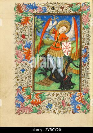 Saint Michael and the Dragon; Book of Hours, about 1430-1440.  Additional Info:In this dynamic scene, the archangel Saint Michael tramples a black, winged beast and spears it with a lance. In the Book of Revelation, Michael is described as leading a battle in heaven against the devil, represented here by the defeated dragon. This popular military saint, shown dressed in armor, was widely revered in the Middle Ages as the weigher of souls at the Last Judgment and for his power to rescue individuals from hell. Stock Photo