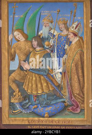 Louis XII Kneeling in Prayer Accompanied by Saint Michael, Saint Charlemagne, Saint Louis, and Saint Denis; Leaf from the Hours of Louis XII, 1498/1499.  Additional Info:This leaf with its stirring portrait of Louis XII would originally have opened a lavish book of hours court artist Jean Bourdichon painted for him. The depiction of the king in his parade armor probably celebrates his recent coronation in 1498 and reflects an official image of the new king. Louis is presented (from left to right) by several royal saints: Saint Michael, the patron saint of the royal chivalric order; Saint Charl Stock Photo