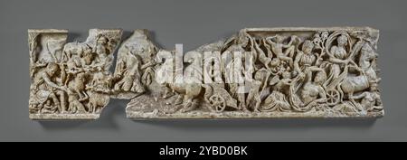 Front of a Sarcophagus with the Myth of Endymion, about A.D. 210.  Additional Info: On this fragment of a Roman sarcophagus, the mythological story of the love of Selene, the moon goddess, for the beautiful young mortal Endymion provides an allegorical message of hope for the deceased. In the center of the scene, Selene, identified by the crescent moon in her hair, alights from her chariot. Accompanied by Erotes, she approaches the sleeping Endymion. Hypnos, the god of sleep, stands behind Endymion, holding a branch of poppies and pouring a sleeping potion over him; by these means, Endymion sl Stock Photo