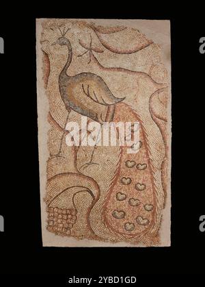 Mosaic Fragment with Peacock Facing Left, 5th-6th century.  Additional Info: A peacock facing left decorates this mosaic fragment. The body is rendered in blue, beige, white and yellow with a black outline. The long multicolored tail has a red feathery border and a pink background with lines of yellow tesserae indicating the feathers. The feather eyespots are rendered as compressed circles with a black outline and filled with blue, yellow, and white. Long vines surround the bird, and a large bunch of grapes is partially preserved in the bottom left corner. Originally part of a larger mosaic de Stock Photo