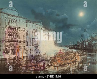 The Grand Canal during Carnival, Venice, about 1860-1880. A large group of gondolas, full of passengers, floating in the middle of the Grand Canal. The gondolas are gathered around a barge with a tent set up on it. The domed roof of a cathedral is visible in the background. Stock Photo