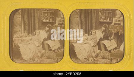 Genre scene: woman at table to feet propped on chair, man in hat next to her, dog and cat at their feet, 1855-1860. Stock Photo