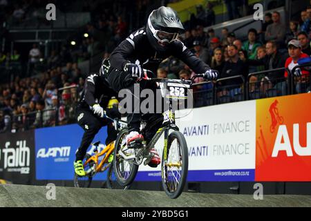 Auckland, New Zealand. 27th July, 2013. Todd Barry of New Zealand finishes 1st during a Men Junior Heat Race. UCI BMX World Championships, Vector Arena, Auckland, New Zealand. Sunday 28th July 2013. Photo: Anthony Au-Yeung/photosport.co.nz Credit: Action Plus Sports/Alamy Live News Stock Photo