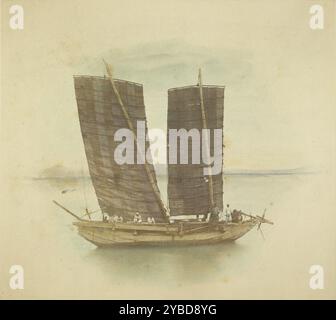 The First Corean Junk Bringing Dispatches, May 30, 1871. A junk ship with two sails on the water. The crew of the ship is standing and seated on the deck. Stock Photo