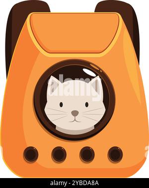 Illustration of a white cat sitting in an orange pet carrier backpack, looking out of the round window Stock Vector