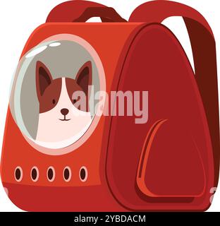 Cute dog sitting in red backpack with round window for travel Stock Vector