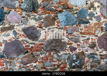 A textured wall made of various stones and bricks creates a unique composition. Stock Photo