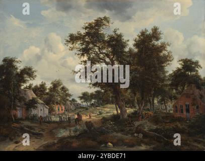 A Wooded Landscape with Travellers on a Path through a Hamlet, about 1665. A close look at this wooded landscape reveals two paths - one bathed in sunlight on the left, and one elevated and overcast in shadow on the right - occupied by a wide assortment of figures. Playful dogs, lumbering farm animals, and travellers on foot and horseback all crowd the meandering roads, lined with rosy brick cottages and grey wood barns. Oak trees dominate the composition, casting the foreground into shadow, while a sun-drenched clearing in the distance draws the viewer into the scene. Stock Photo