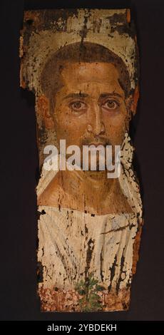 Mummy Portrait of a Bearded Man, A.D. 220-235.  Additional Info: The funerary portrait of this Romano-Egyptian bearded man is broken on both sides; the top and bottom edges are original. Portraits such as this were placed into funerary shrouds over the faces of the dead as part of the burial process. It was painted in encaustic (wax) pigment on a cedar of Lebanon wood panel; an import to Egypt, this type of wood was used in the construction of elite funerary and devotional equipment. Stock Photo