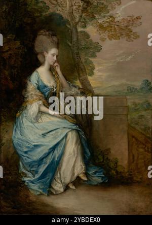 Portrait of Anne, Countess of Chesterfield, 1777-1778.  Additional Info: Anne Thistlewhaite, the Countess of Chesterfield, appears lost in thought as she sits with her left arm resting on a plinth. Dense foliage furnishes a backdrop for her figure, while the right half of the painting provides a distant, unobstructed view of her lands. A pale beige shawl trimmed with gold fringe wraps loosely around her back and shoulders, and dainty white slippers emerge from underneath her elaborate blue satin gown. Her fashionable upswept hair and low-cut gown reveal the graceful curve of her neck and breas Stock Photo