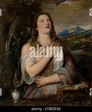 The Penitent Magdalene, 1555-1565.  Additional Info: The subject of the penitent Mary Magdalene lifting her teary eyes to heaven gained great popularity in sixteenth-century Italy amongst aristocrats, religious figures and the wealthy middle class alike. Titian and his workshop created many copies and variations of this composition, at least seven of which are known today. This work is likely to have been executed with some workshop assistance. In this variation, the artist omits the skull which appears in other compositions, and instead depicts the Magdalene's Bible resting on a cloth-covered Stock Photo