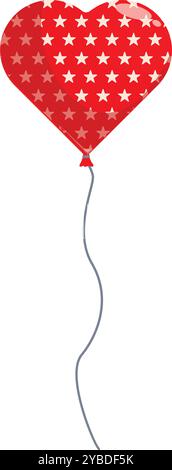 Red heart shaped balloon with white stars pattern floating with a string attached to it Stock Vector