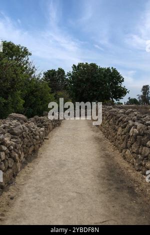 The road with stone walls on both sides and trees growing behind it. Stock Photo