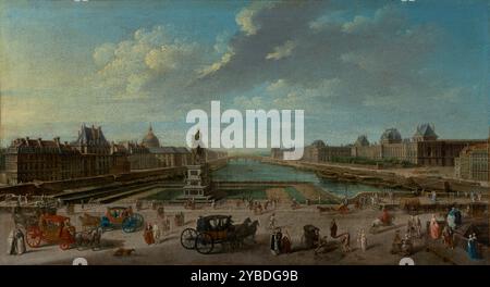 A View of Paris from the Pont Neuf, 1763.  Additional Info: Horse-drawn carriages and strolling couples make their way across the Pont Neuf, one of the oldest bridges in Paris. Boats are tied up on both sides of the Seine River, a heavily traveled thoroughfare. In the center, behind an iron fence, stands an equestrian statue of Henri IV. On the right bank of the river is the Louvre, the national museum and art gallery of France. The dome of the H&#xf4;tel des Invalides can be seen on the left bank in the distance. Stock Photo