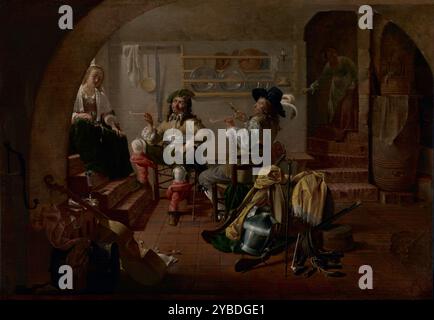 Interior with Soldiers and Women, about 1650.  Additional Info: Framed by an arched doorway, two soldiers sit smoking, drinking, and chatting with a young woman who sits casually on tiled steps. Behind the woman, a warm light enters to permeate the setting and the objects and figures within. To the right, another woman descends a dark staircase and prepares to enter the room. In the foreground a jumble of objects - rifles, armour, a drum, a pipe, an overturned pail, and yellow drapery - form a more complicated still life grouping. On the back wall, a wooden rack holds pewter plates, crockery, Stock Photo