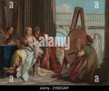 Alexander the Great and Campaspe in the Studio of Apelles, about 1740.  Additional Info: A boyish artist gazes longingly at the regal woman whose portrait he is painting. The young artist is Alexander the Great's court painter, Apelles, whom ancient writers considered the greatest artist of their time. According to Pliny's  Natural History  of 77 A.D., Alexander commissioned Apelles to paint a portrait of his favorite concubine, Campaspe. Stock Photo