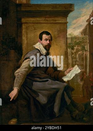 Portrait of a Man with a Sheet of Music, about 1620.  Additional Info: Facing the viewer, a bearded man in theatrical clothing poses in front of a loosely painted, classicizing backdrop. He holds a sheet of music in his left hand and with his right hand points at an overturned bowl in the foreground, a symbol that refers to the emptiness of material possessions. Intense eyes set in an expressive face watch the viewer while he gestures. In the lower right-hand corner, two young men, perhaps admirers, watch with interest. Stock Photo