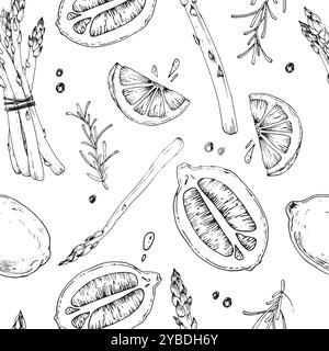 Seamless pattern with asparagus, lemon, pepper and rosemary hand drawn with ink.  Stock Vector