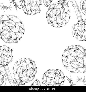 Frame with artichoke, asparagus, lemon, pepper and rosemary hand drawn with ink. Stock Vector