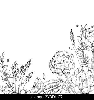 Frame with artichoke, asparagus, lemon, pepper and rosemary hand drawn with ink. Stock Vector