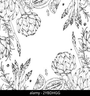 Frame with artichoke, asparagus, lemon, pepper and rosemary hand drawn with ink. Stock Vector