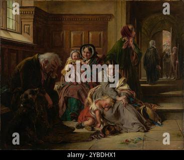 Waiting for the Verdict, 1859. A distraught family waits outside a courtroom for the verdict to exonerate their loved one. The red-robed judge presiding over the case is visible through the door in the background, above the sombre lawyers in white wigs. Each family member expresses a different degree of anxiety and anticipation: the father of the accused covers his eyes in despair while the young woman in the centre glances expectantly over her shoulder to the courtroom. Even the family dog is present and faithfully waits for his master. Stock Photo