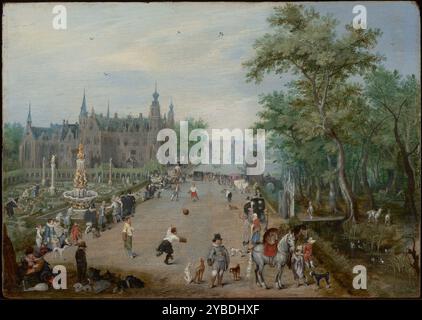 A Ball Game Before a Country Palace, about 1614. Adriaen van de Venne captured the idle pleasures of courtship and leisure in this small painting. Lining a wide lane, an assortment of people watch a game of ball. To the left, a formal garden with flowers and sculptures is laid out in front of a large fantasy castle. In the left foreground, two lovers sit in shadow near an overturned lute and a pile of clothing discarded by the ballplayers. On the right is an enclosed forest area with goats and deer. This painting, which probably represents summer, is one of a series of four landscapes represen Stock Photo