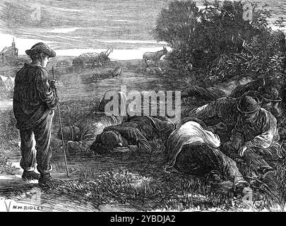 The Derby Day: early morning on Epsom Downs, 1871. 'The annual summer meeting of English horse-lovers [ie the Derby Stakes, for three-year-old colts and fillies], on the breezy downs of Epsom [in Surrey] is nigh at hand...[Our illustration shows one of] the scenes usually to be witnessed a few hours earlier than &quot;the great event,&quot;...The gathering of a motley multitude of people - men, women, and children - intending to earn, or to beg, or perhaps to steal, or to gain by cheating, or to win by any means whatever, a few shillings from the careless and unwary, whose pockets are better f Stock Photo