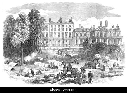 The French Siege of Paris: troops encamped at the Palace of St. Cloud, 1871. 'The French siege of Paris, as it may properly be called, still affords subjects for our Illustrations; and one of our Special Artists, who saw and sketched many scenes of the late war between the French and Germans, is now in Paris, having just left Versailles, to furnish us with sketches of this domestic war, which seems much worse than the other...From Versailles the whole way to the bridge of Neuilly there is a continued line of defences and reserves. In the park of St. Cloud there is a vast camp, and the artiller Stock Photo