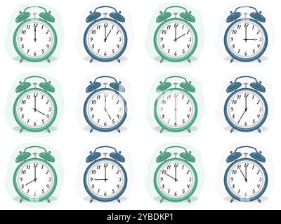 Vector illustration of analog alarm clocks with handwritten numbers. 0, 1, 2, 3, 4, 5, 6, 7, 8, 9, 10, 11, 12, 13, 14, 15, 16, 17, 18, 19, 20, 21, 22, Stock Vector