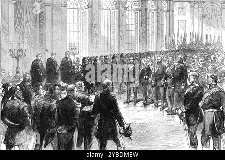 Proclaiming the German Emperor: religious service - Galerie des Glaces, Palace of Versailles, 1871. Franco-Prussian War: '...the ceremonial on the 18th January, when the King of Prussia formally assumed the new title of &quot;German Emperor&quot;...It was in the French Royal Palace of Versailles...and in the splendid Galerie des Glaces, a vast apartment so called from the mirrors with which its walls are adorned, that the Imperial dignity of United Germany was consecrated by a Lutheran religious service...The whole number of German officers present was between five and six hundred... Count Bis Stock Photo