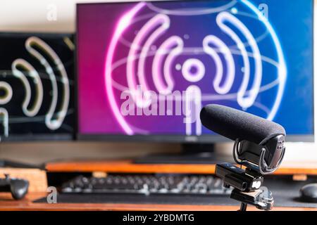 A close-up of a microphone in front of a computer setup with dual monitors displaying a podcast or broadcasting theme. Stock Photo