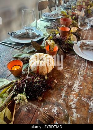 An elegant autumn table setting with a striped pumpkin centerpiece, candles, and berries, creating a warm and rustic atmosphere for festive gathering Stock Photo